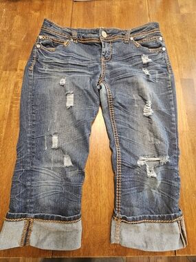 Almost Famous Dark Blue Distressed Cropped Capris